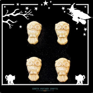Four (4) 10mm x 17mm  CZECH Pressed Glass Double-Sided OWL BEADS, Opaque Ivory/Beige with Gold Wash ~ Circa 2010
