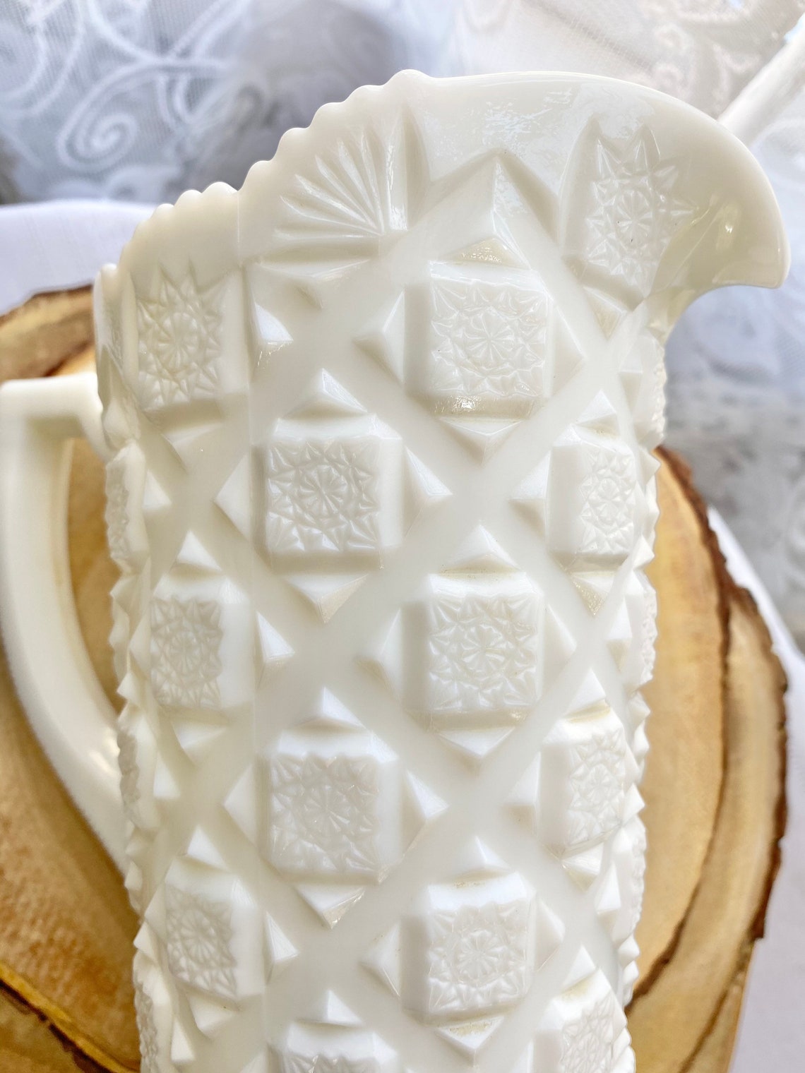 Vintage Westmoreland Old Quilt Pattern Milk Glass Pitcher Etsy