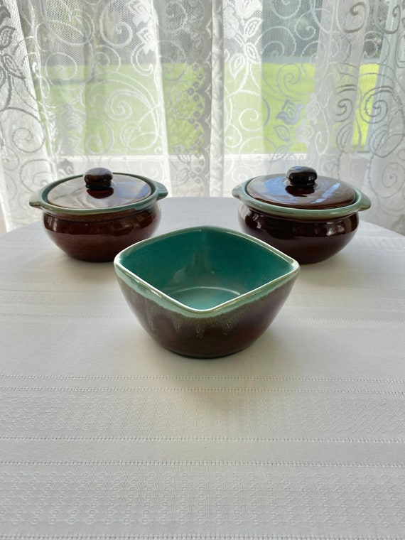 Cazuelas individuales de ceramica vintage de John B. Taylor Brown Turquoise Drip Bowl Etsy Espana