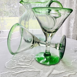 Vintage Handblown Mexican Glass Pitcher and Glass Set Green Rimmed
