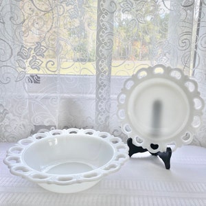 Vintage Anchor Hocking Old Lace Edge Patterned Milk Glass Set of Two