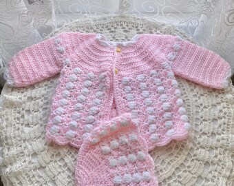 Vintage Baby Girl Sweater and Bonnet Set Pink, White with Yellow Buttons