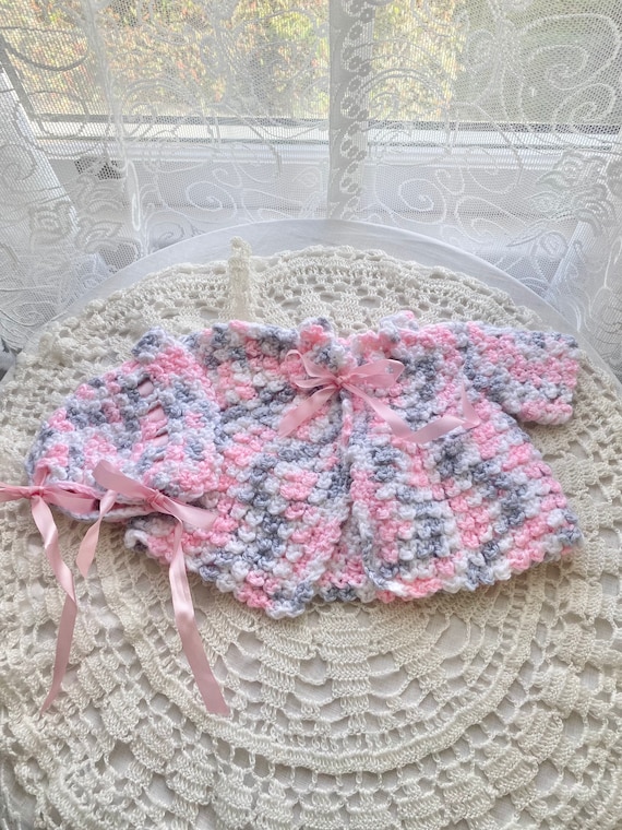 Vintage Crocheted Baby Girl Sweater and Bonnet - image 1