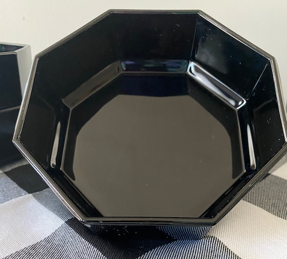 Vintage Arcoroc France Octime Hexagonal Black Glass Stacking Bowl Set of Six