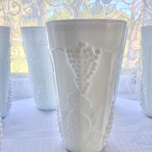 Vintage Colony Harvest Grapes & Leaves Milk Glass Tumbler Set of 7