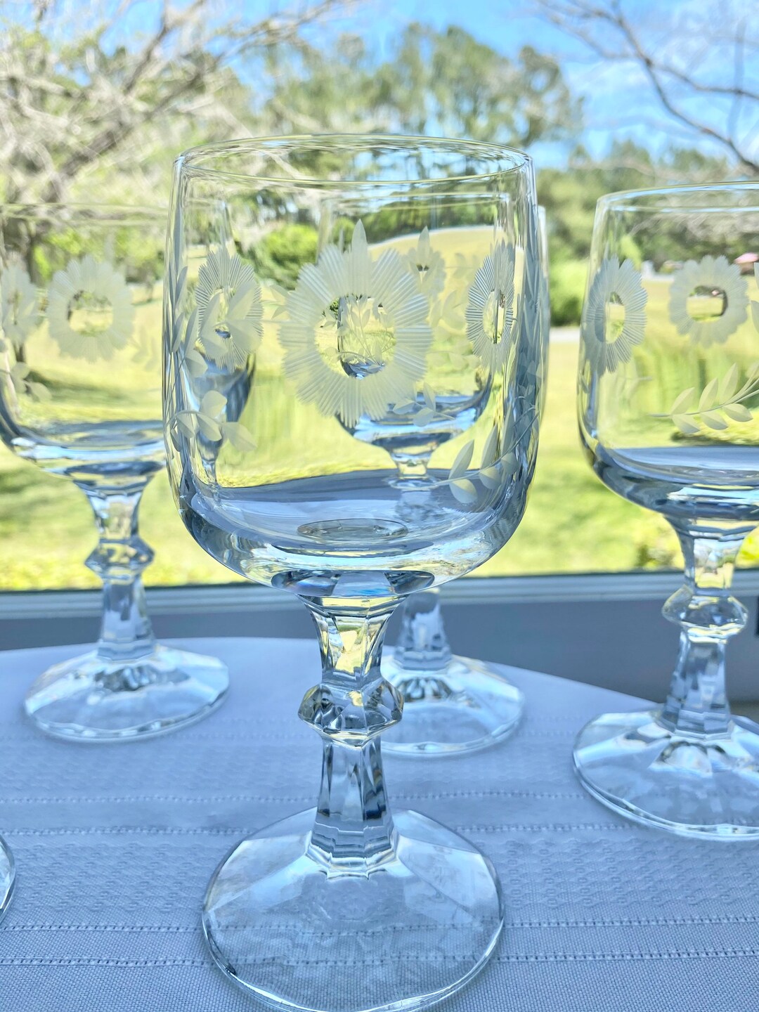 Vintage Heavy Crystal Etched Flower / Vine Bar Glass Set of Wine