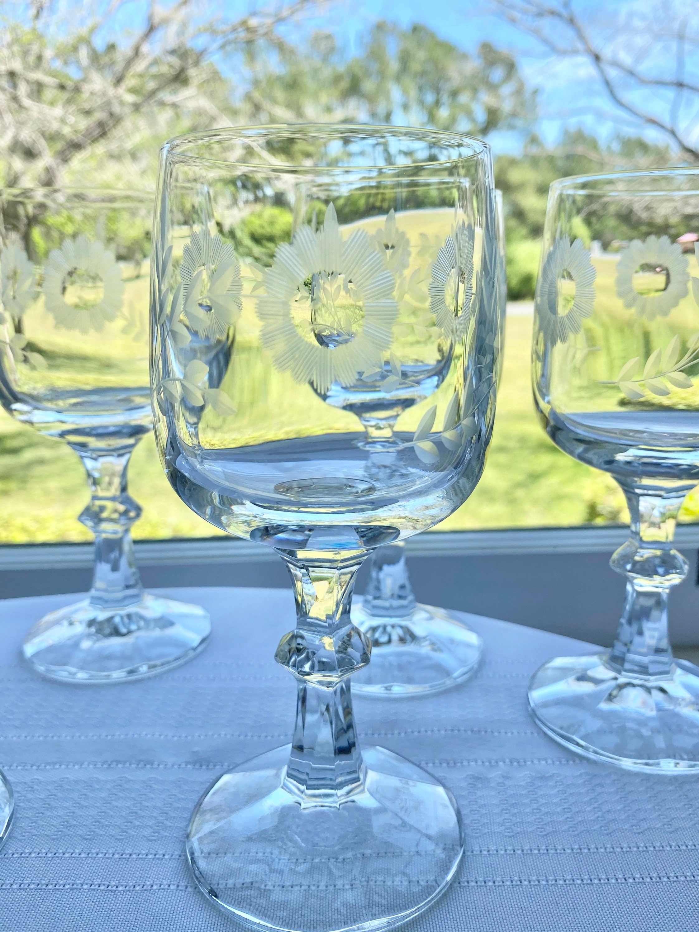 Barware Tall Wine Glasses Lot of 3 Crystal with Etched Flower Design