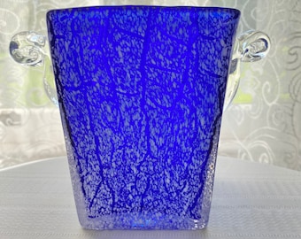 Handblown Cobalt Blue and White Crackle Design Vase with Clear Scrolled Handles