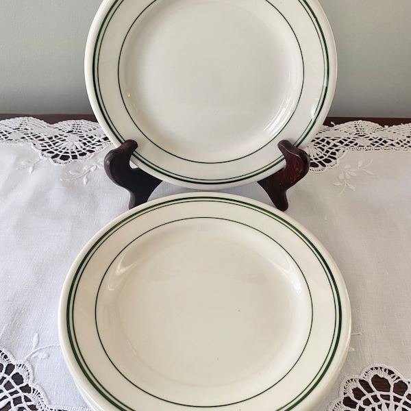 VTG Retro Diner Style Restaurant Grade Green Band/Green Stripe 6 1/4” Dessert Plates Homer Laughlin Set of 2