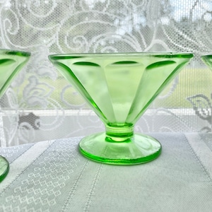 Vintage Federal Glass Company Vaseline / Uranium Depressionware Glass Optic Sherbet Dish Set of 10