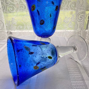 Hand Blown Blue Bubble Glass with Funky Retro Design Set of Two