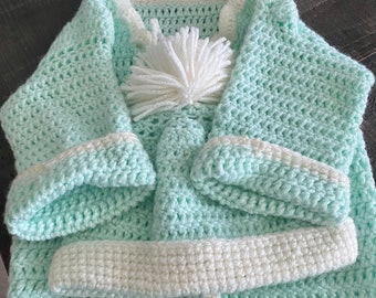 Vintage Handgemachte Baby/Kleinkind Pullover mit Hut Set 12-24 Monate Pastell Grün/Weiß