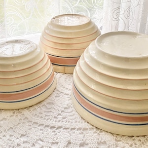 Antique Beehive Style Mixing Bowl/Batter Bowl Set of Three Pink and Blue Striped