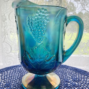 Vintage Colony Harvest Blue Carnival Glass Pedestal Pitcher by Indiana Glass Company