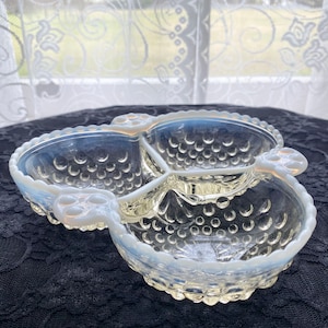Vintage Fenton Opalescent Hobnail Moonstone Divided Candy Dish