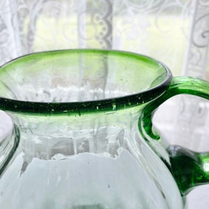 Vintage Handblown Mexican Glass Pitcher and Glass Set Green Rimmed