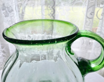 Vintage Handblown Mexican Glass Pitcher and Glass Set Green Rimmed