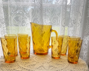 VTG Retro Hazel Atlas Optic Diamond Pattern Pitcher and Glass Set