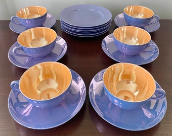 Vintage Meito Handgemaltes Blau & Pfirsich Luster Porzellan Set Made in Japan