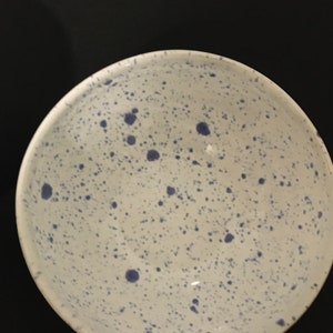 Peut inclure: Un bol en céramique blanche avec un motif moucheté bleu. Le bol est rond et a une finition lisse et brillante.