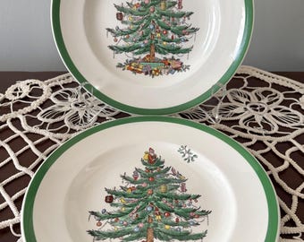 Zestaw dwóch talerzy Vintage Spode England z wzorem choinki, 7 3/4 cala