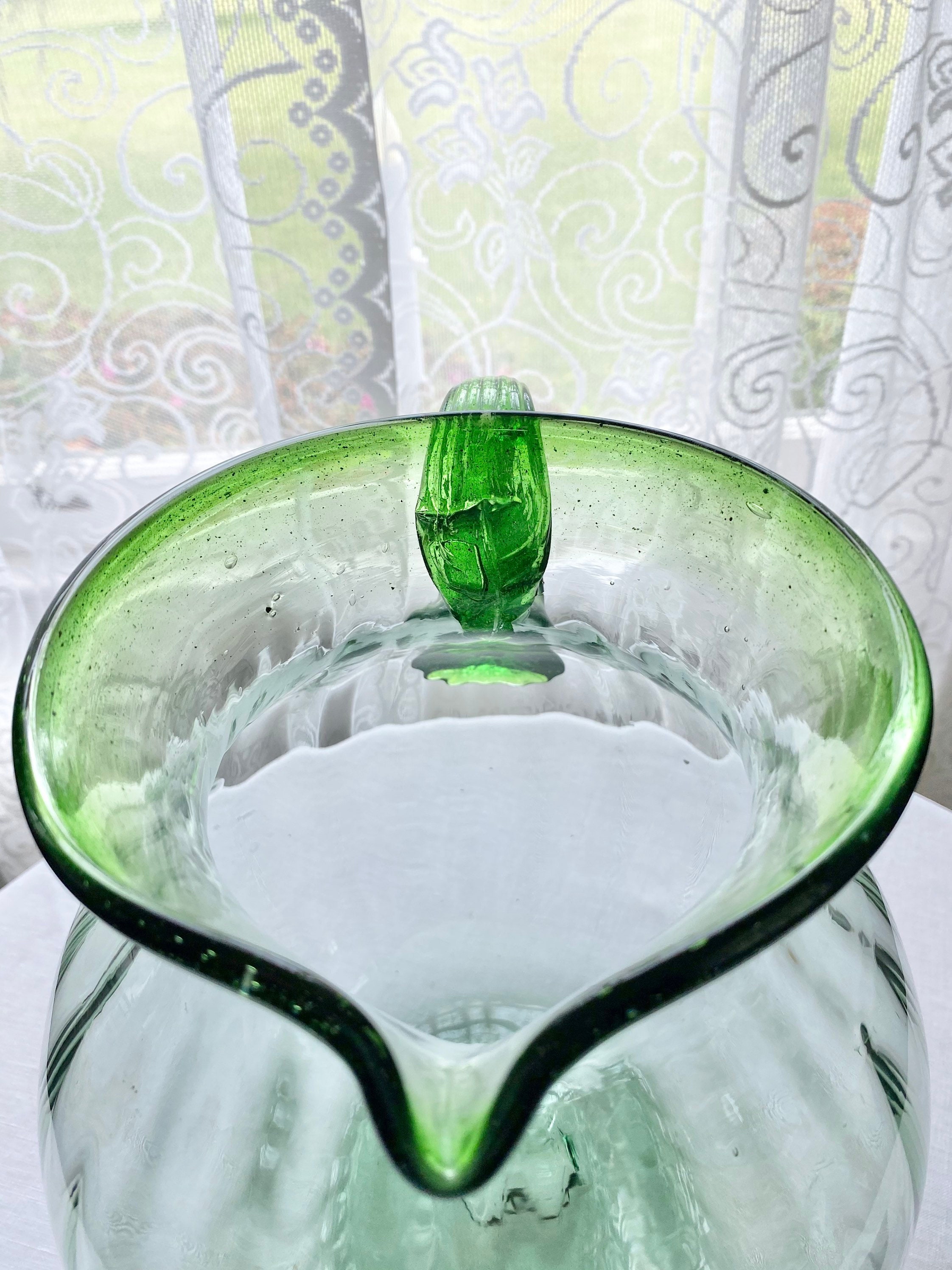 Ensemble pichet et verres mexicains vintage en verre soufflé à la main, bord vert - Canada