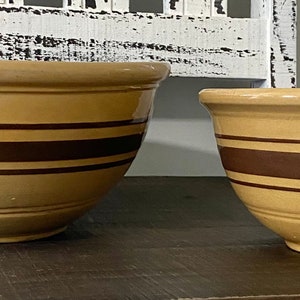 19th Century Farm House Dark Mustard Yellow Ware Batter Bowl Set of Two