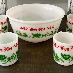 Vintage Hazel Atlas Milk Glass Christmas Egg Nog Punch Bowl 7 Piece Set