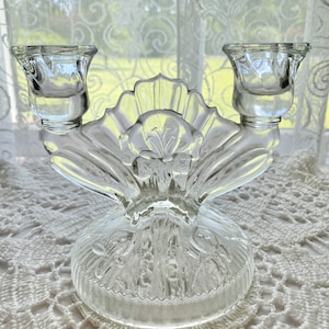 Vintage Jeanette Glass Iris and Herringbone Double Candlestick Holder