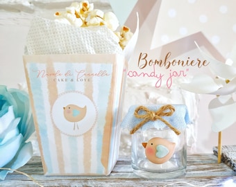 Bimbo/Bimba Favors glass jar Uccellino-Topper Bird-Placeholder-Cadoux-Baby Boy-Candy Box-Fancy Sweet Box-Bonbonniere-Candy Jar