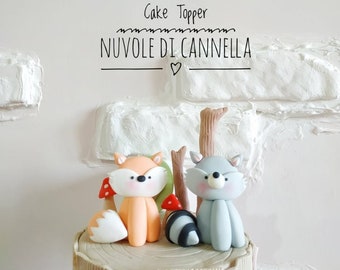 Fox and Procyon Cake Topper-Fox and Raccoon Topper-Sugar Figurines-Woodland Cake Topper-Animals - Animals of the Woods - Birthday Cake