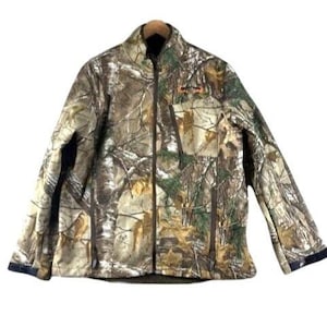 May include: A camouflage jacket with a full-length zipper, featuring a pattern of brown, green, and tan hues. The jacket has a high collar and two front pockets. The sleeves have dark blue cuffs. The jacket is designed for outdoor activities.