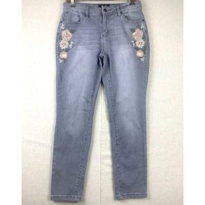 Earl Jean Embroidered Floral Design Skinny Ankle Women&#39;s Size 8 Gray Stretch Denim
