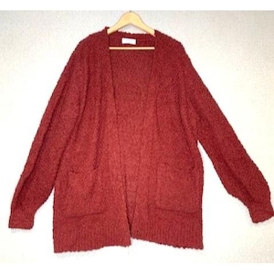 Zenana Women&#39;s Open Front Cardigan 2X Red Boucle Knit Long Sleeve Sweater with Pockets