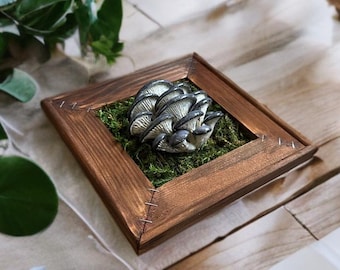 Mushroom Wall Art Rustic Frame — Nature Home Decor with Moss and Wood Texture