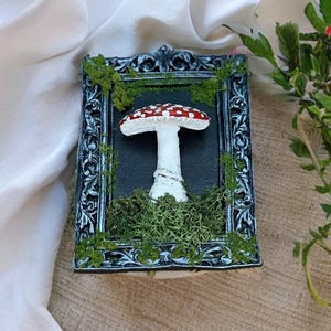 May include: A framed art piece featuring a red and white mushroom with a decorative frame. The mushroom is set against a black background with green moss and a silver-colored frame.