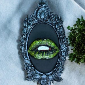 3D Lips Wall Hanging – Framed Oddity Lip Sculpture | Eclectic Dark Decor Gift