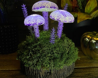 Lampe champignon violette : veilleuse féerique faite main, décoration de table moderne