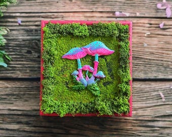 Pink & Blue Mushroom Wall Art: Whimsical Psychedelic Decor in Wooden Frame