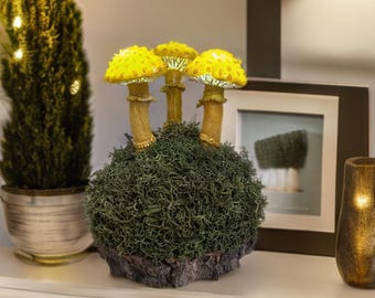 Handcrafted Yellow Mushroom Night Light: Moss Decor, Whimsical Lamp