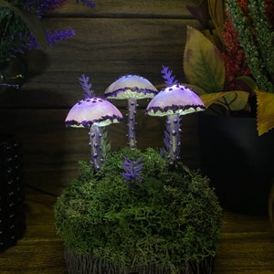 May include: Three purple and white mushroom shaped fairy lights with a mossy base. The mushrooms are lit up and have a whimsical feel.