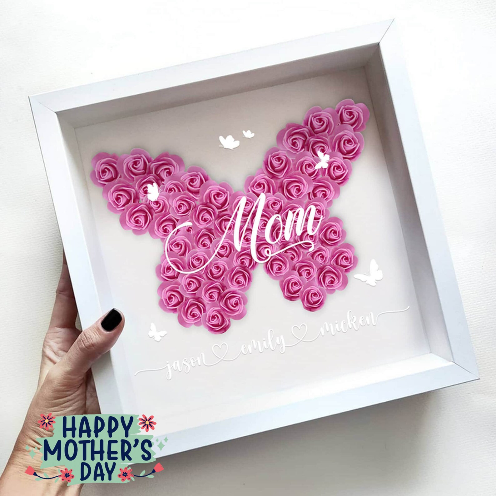 Personalized Flower Butterfly Shadow Box for Mom, Roses Shadowbox With ...