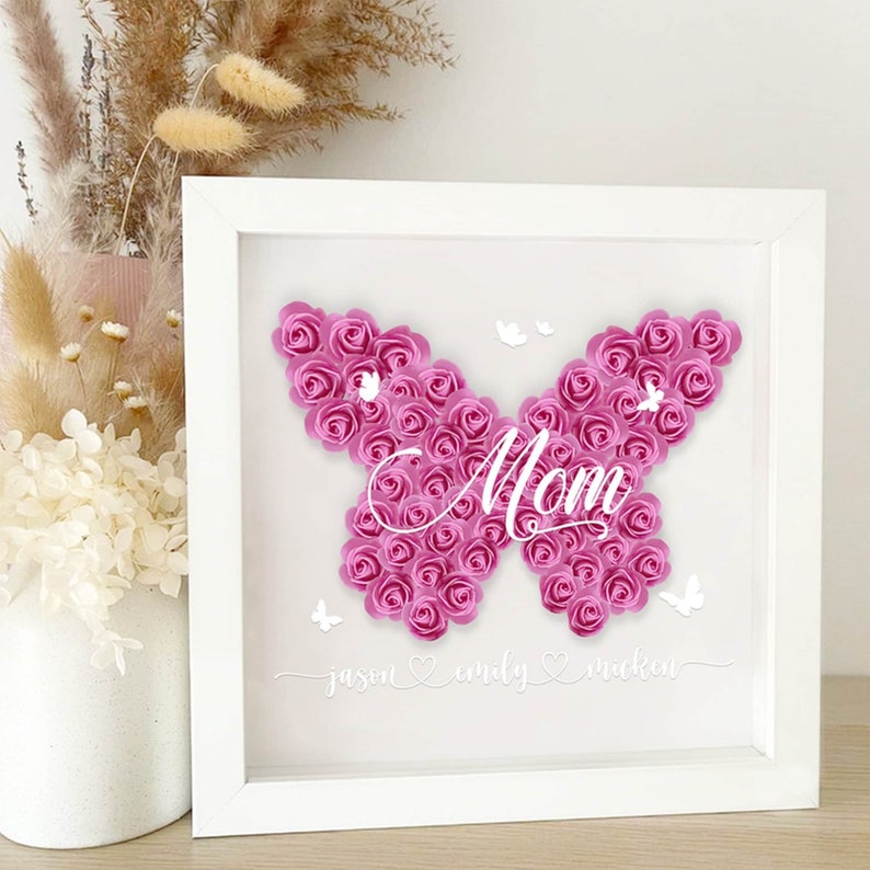 Personalized Flower Butterfly Shadow Box for Mom, Roses Shadowbox With ...