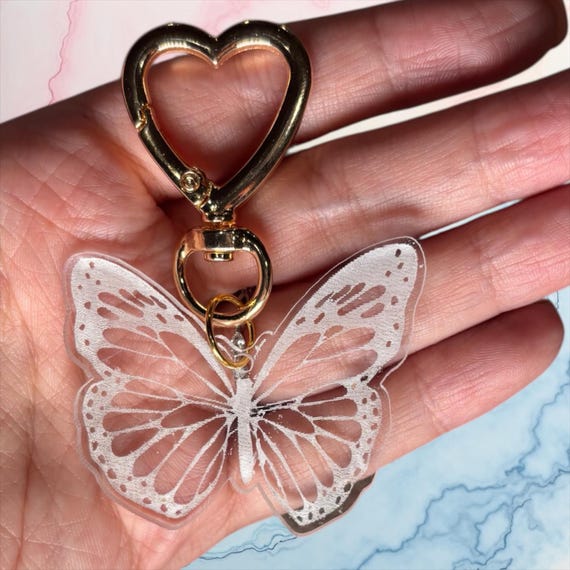 Transparent Butterfly Bag Charm | White Butterfly Arylic Keychain | Butterfly Bag Charm With Gold Heart Shaped Clasp