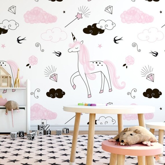Kids Wallpaper Unicorn Wallpaper Playroom Wall Design Girls Nursery Girl Wallpaper Wall Decal