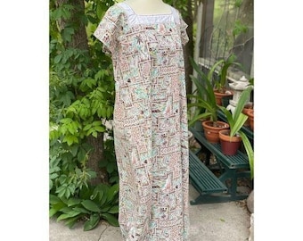 1960s Novelty Print Tiki Hawaiian Maxi Dress