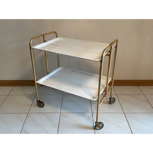 MCM Serving Cart Trolley Bar Cart Two Level Gerlinol Bremshay On Wheels Collapsible Folding Germany Dinette Chrome White Laminate 1960s