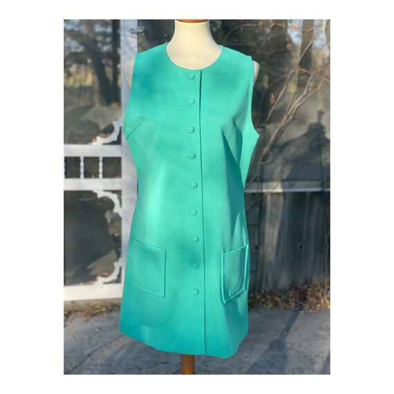 Vintage 60s Green Textured Mini Dress Button Up S… - image 8