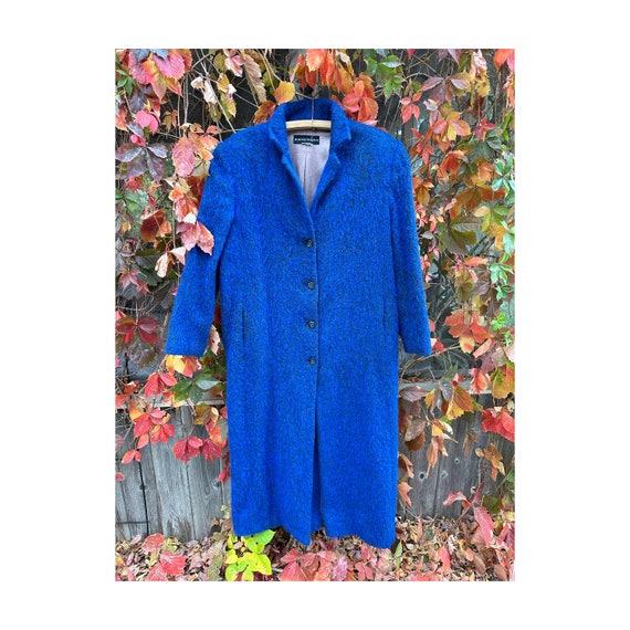 80s Blue Wool Mohair Coat Trench Longline Satin L… - image 2