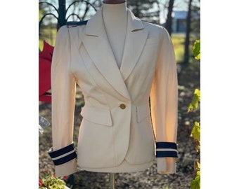 1980s Thierry Mugler Military Blazer Cream Navy Gold Notch Collar Designer S/M